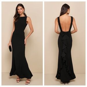 Lulus Exquisite Refinement Black Backless Bow Ruffled Maxi
Dress